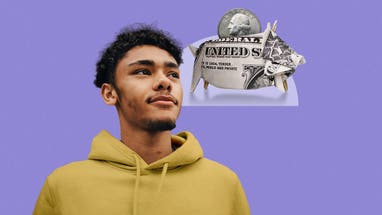 Person imagining a piggy bank made out of cash.